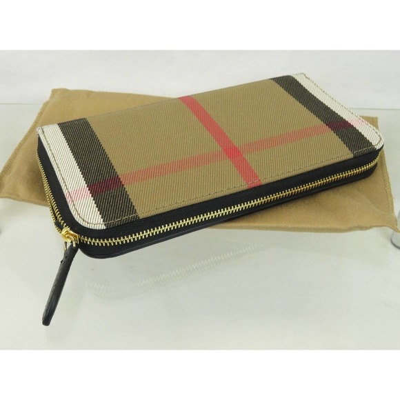 BURBERRY ELMORE BLACK HOUSE CHECK DERBY LEATHER ZIP AROUND LOGO CLUTCH WALLET - Picture 6 of 10